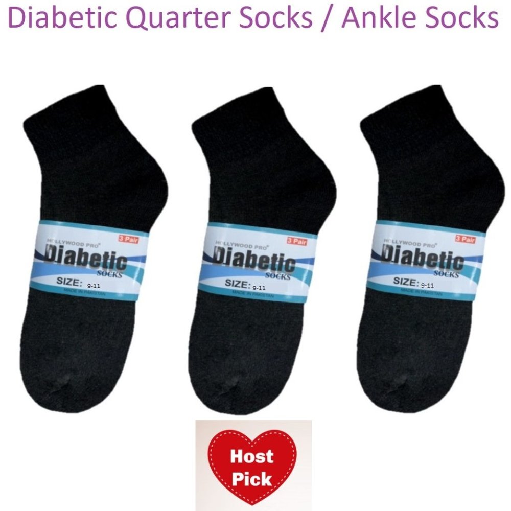 Black Diabetic Socks - Quarter Ankle Socks - Set Of 3 Pairs - Foot Socks